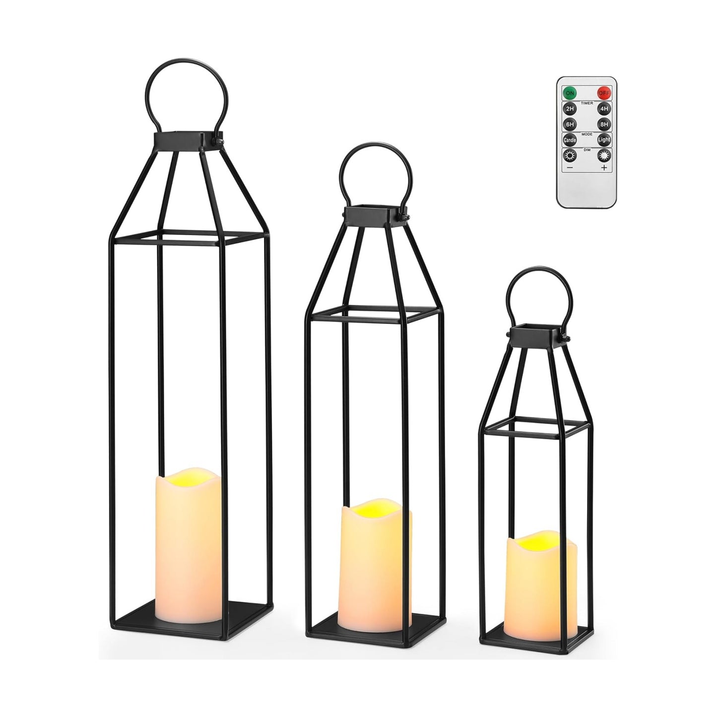 Perfnique Set of 3 Black Metal Lanterns w/ Waterproof Flickering Flameless Candle & Remote Timer, Modern Farmhouse