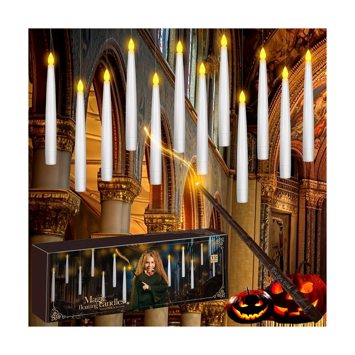 20pcs Flameless Taper Candles with Remote, 3D Window Candle, Floating Hanging Candles with Wand, 6.3IN Led Taper Candle Battery Operated, Christmas Decor for Home Wedding,Halloween