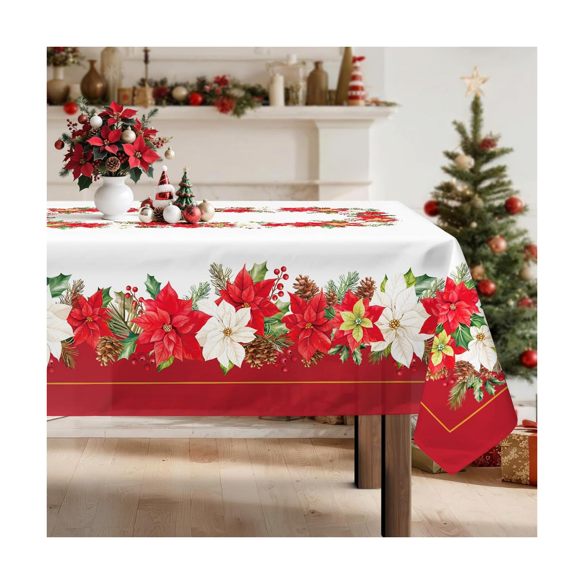 Christmas Floral Polyester Tablecloth, Red, 60 x 104 inch