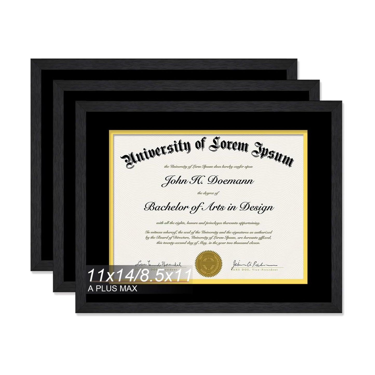 Black 11x14 Diploma Frame Set of 3 Display 8.5x11 Certificate with Mat | Black Wood-grain Document Frame with