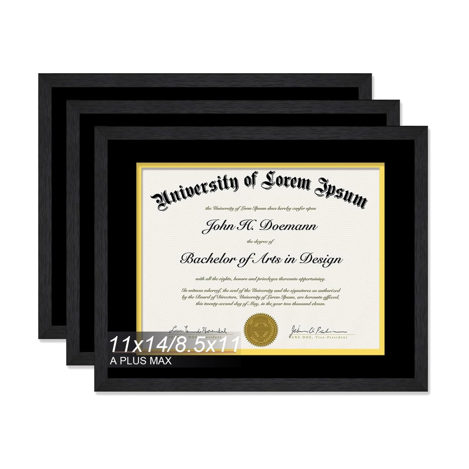Black 11x14 Diploma Frame Set of 3 Display 8.5x11 Certificate with Mat | Black Wood-grain Document Frame with