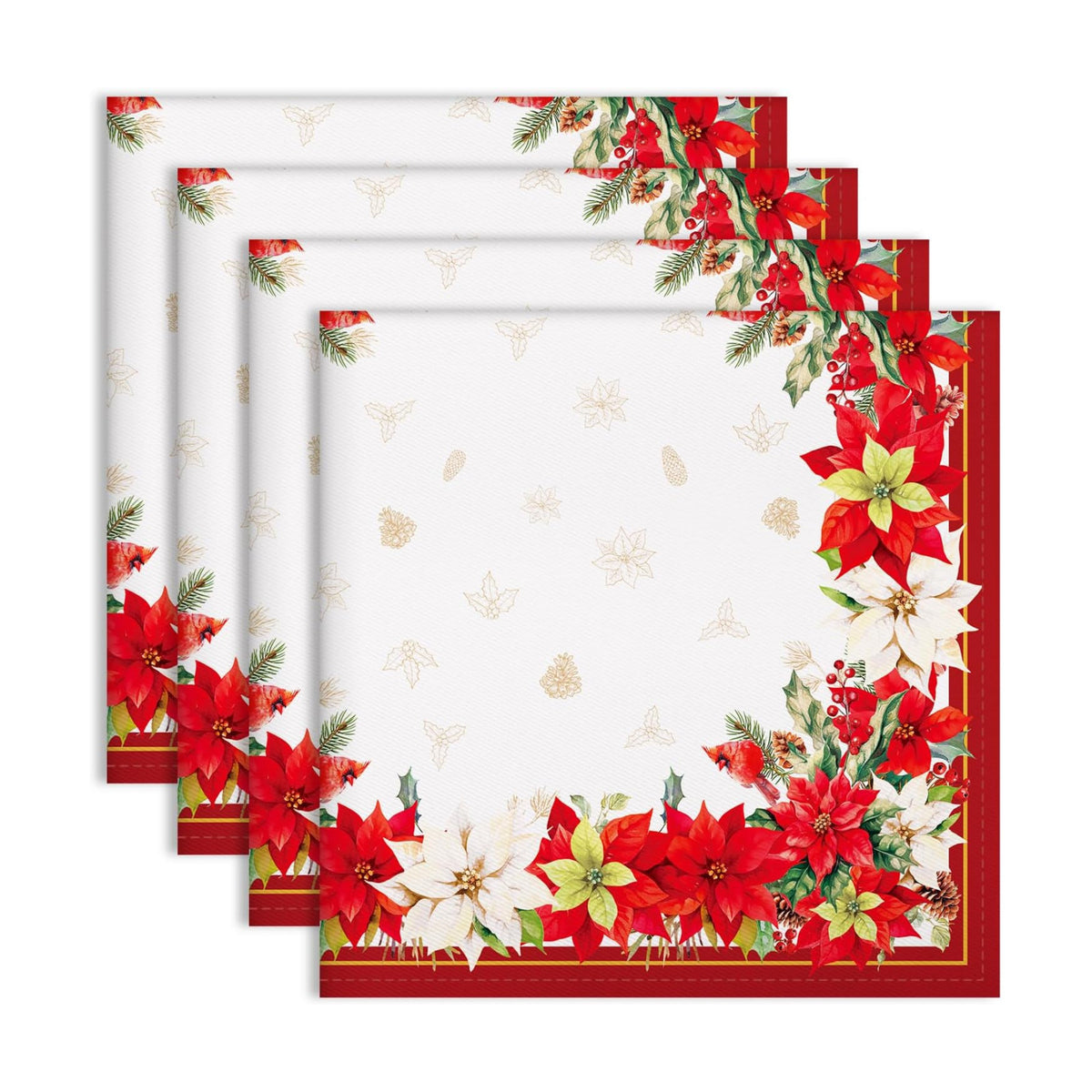Christmas Poinsettia Cotton Cloth Napkins, Red, 18×18 in, Set of 4