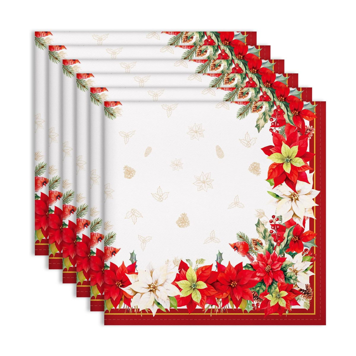 Christmas Poinsettia Cotton Cloth Napkins, Red, 18×18 in, Set of 6
