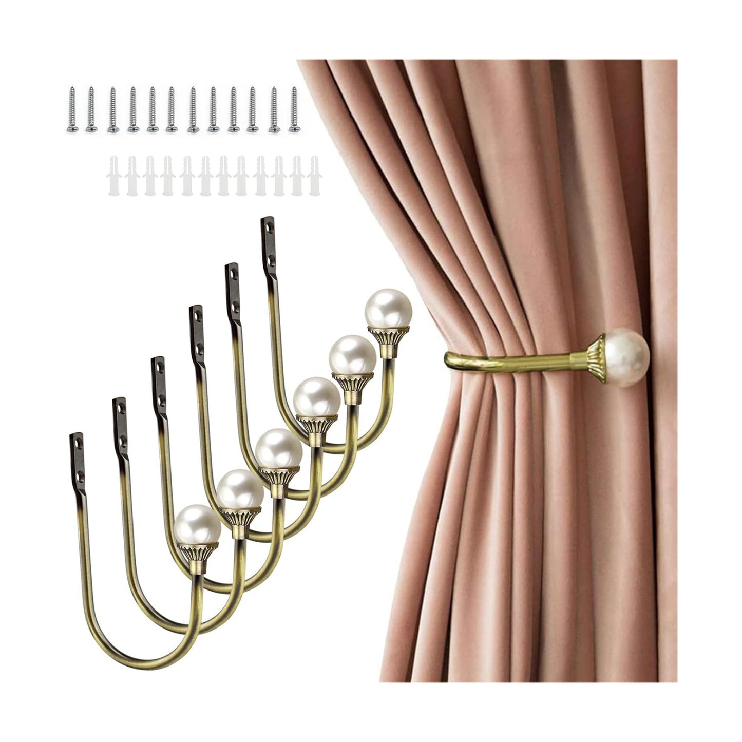 6 Pack Curtain Holdbacks Wall Mounted Curtain Tiebacks Hooks Plastic Pearl U Shape Curtain Tiebacks with Screws Curtain