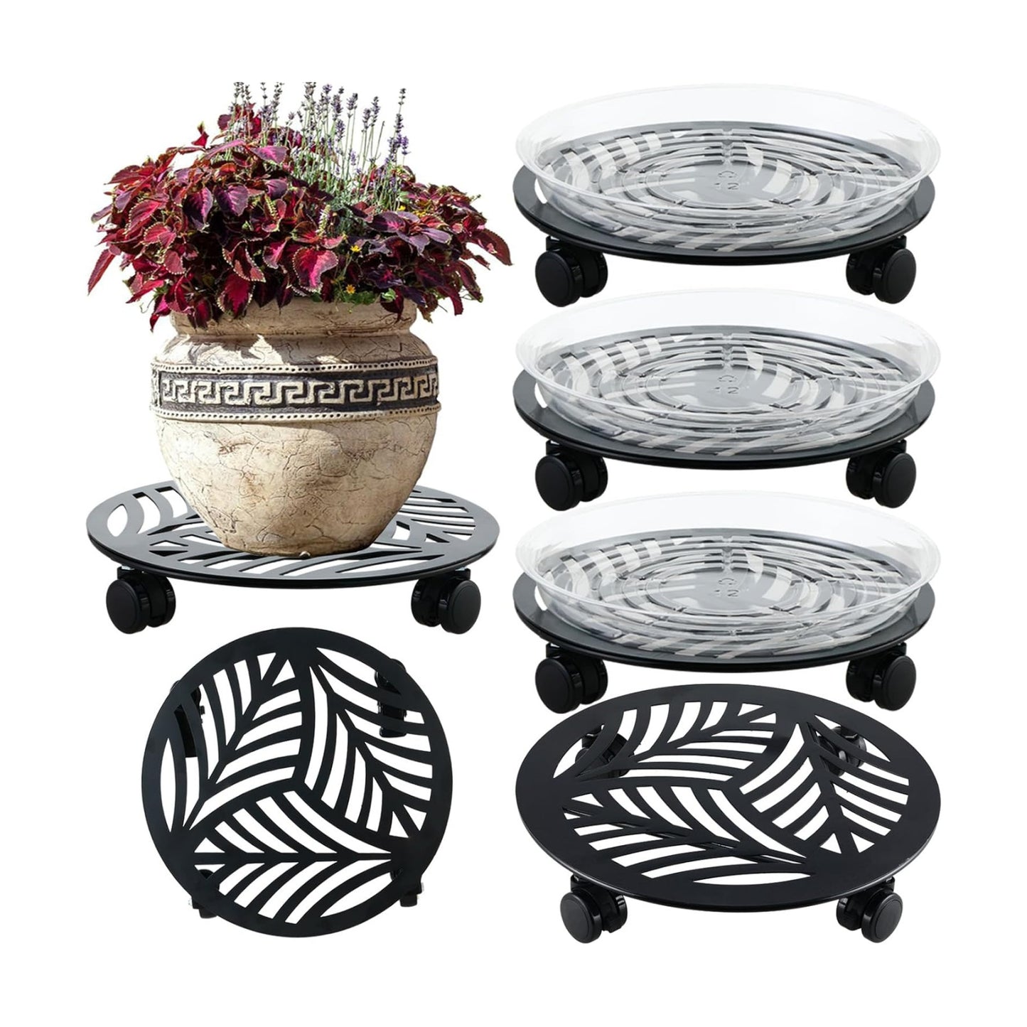 4 Packs Large Metal Plant Caddy with PU Wheels 13" Heav-Duty Wroght Iron Rolling Plant Stands Indoor Outdoor Wheeled