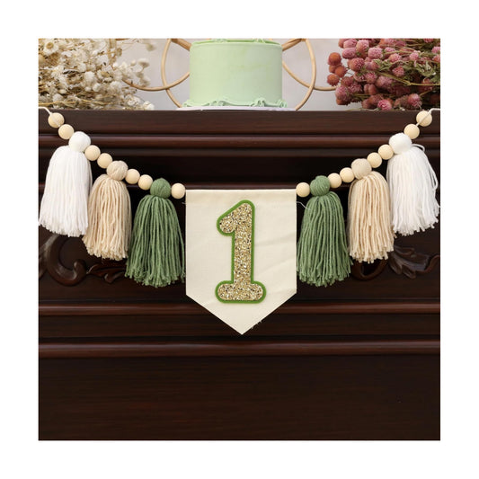 Wild One 1st Highchair Banner Handmade Wood Bead Tassel Garland Birthday Party / Green White