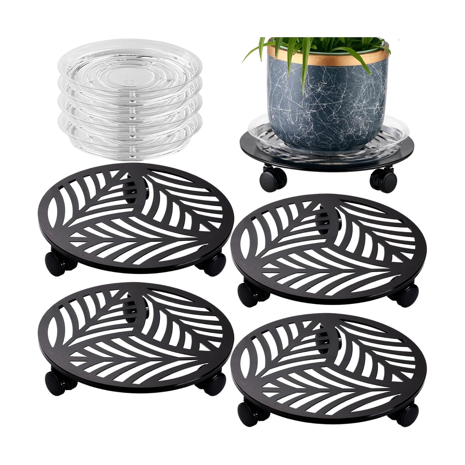 4 Packs Large Metal Plant Caddy with 3 PU Wheels 12" Heavy-Duty Wrought Iron Rolling Plant Stands Indoor Outdoor