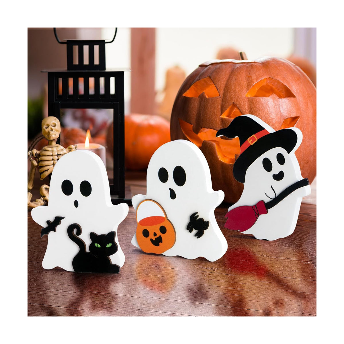 3 Pcs Halloween Ghost Decor - Cute Ghost Decorations Indoor, Wooden Tiered Tray Decor Table Sign Set, Halloween Table Decor Witch Broom Pumpkin Bat Blocks for Party Home Shelf Display