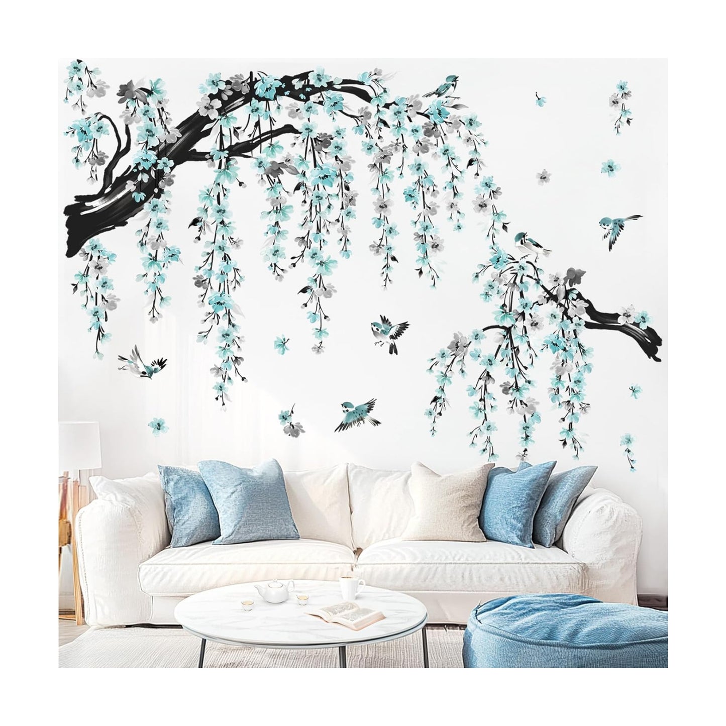 Large Watercolor Flower Branch Wall Stickers Blossom Tree Branches Peel and Stick Wall Art / Blue