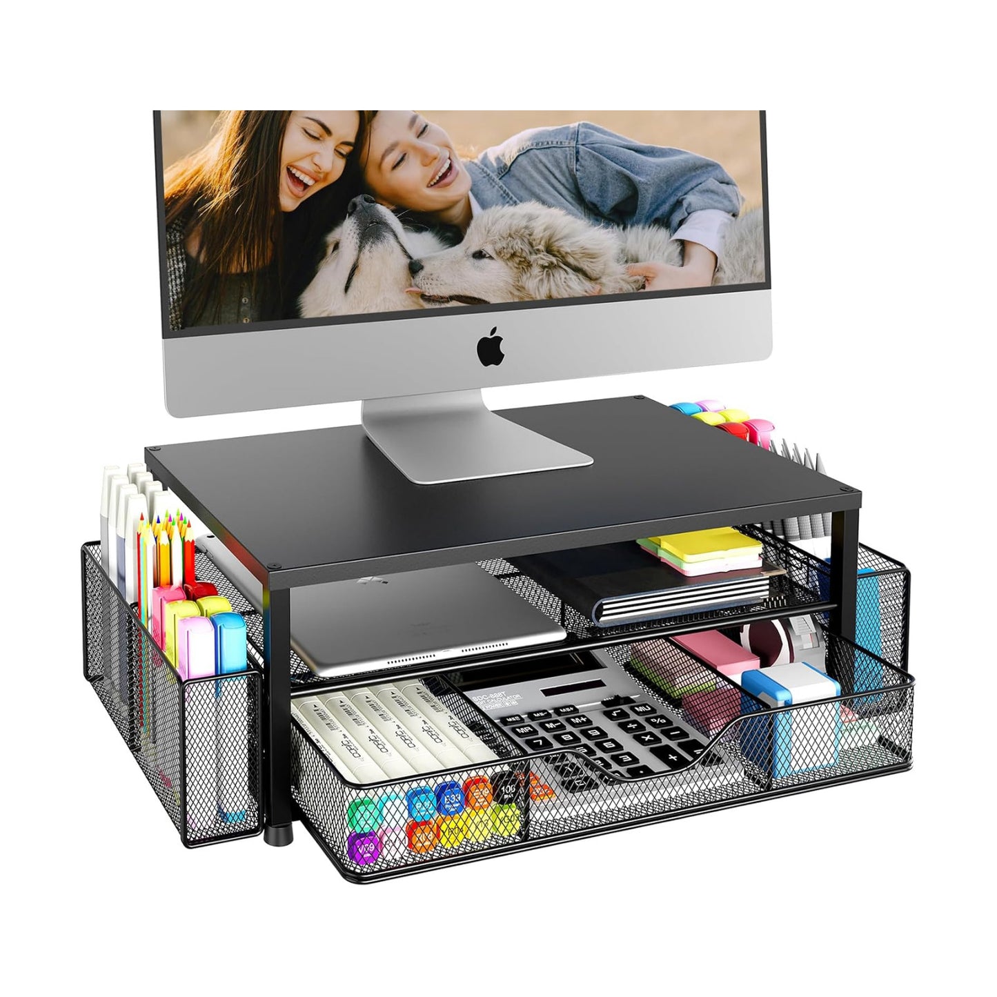 Desk Organizer and Accessories, 2-Tier Computer Monitor Stand Riser with Drawer and 2 Pen Holders, Laptop Stand, Office
