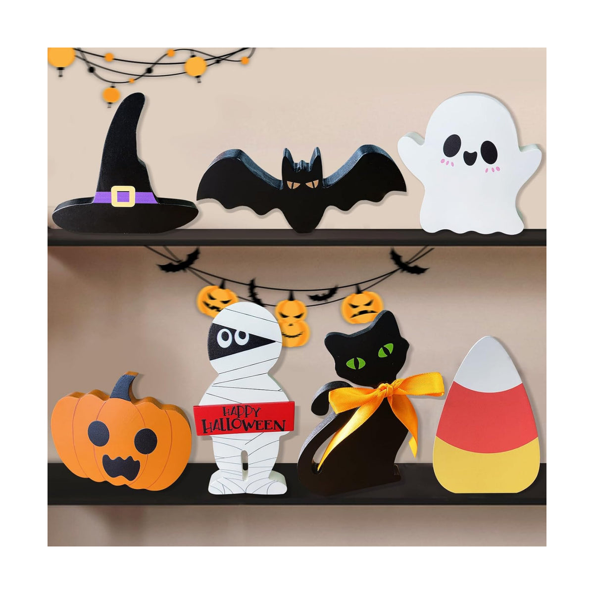 Cute Halloween Decorations Indoor: 7PCS Wooden Tiered Tray Decor Table Sign - Pumpkin Ghost Bat Black Cat Mummy Witch Hat Candy Corn Freestanding Signs for Party Home Mantel Shelf Display