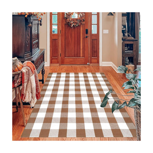 Homydecor Buffalo Plaid Outdoor Rugs, 4'x6' Coffe and White Checkered Area Rug, Layering Rug for Hello/Welcome Door Mat, Washable Cotton Woven Farmhouse Mat for Front Porch Décor