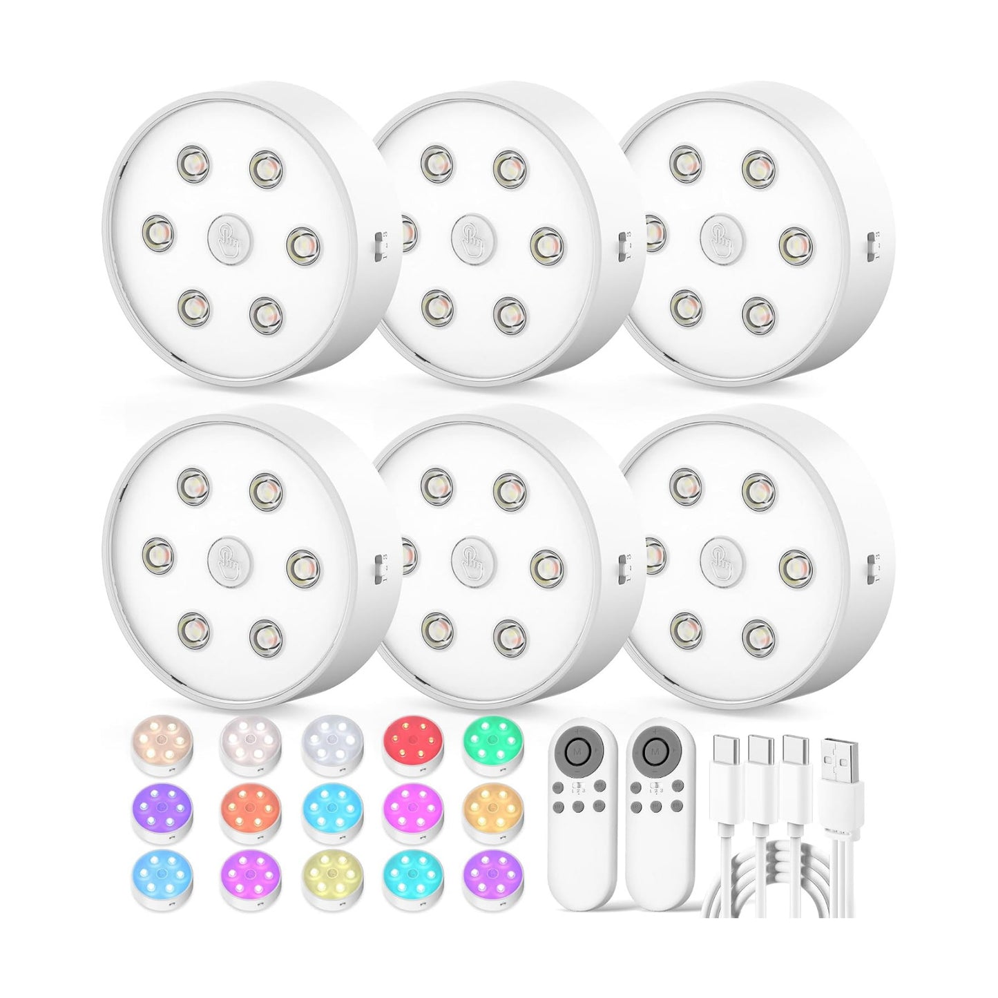 Rechargeable Under Cabinet Lighting 6 Pack, Wireless LED Puck Lights with Remote Control Sync and Groupable, 2600mAh