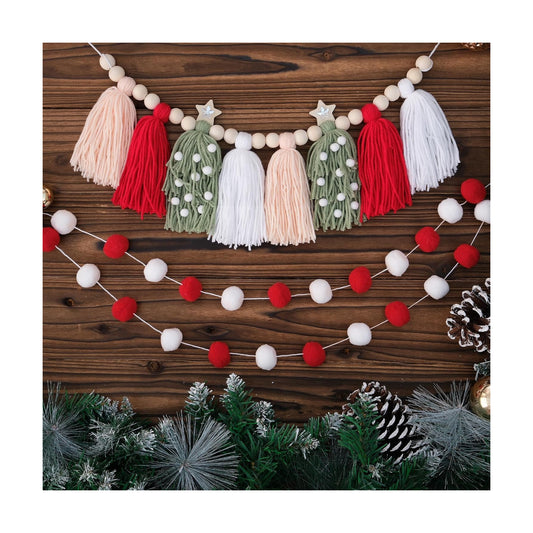 Wood Beads And Pom Pom Garlands Wall Hanging Home Decor For Christmas / Red White Pink Green