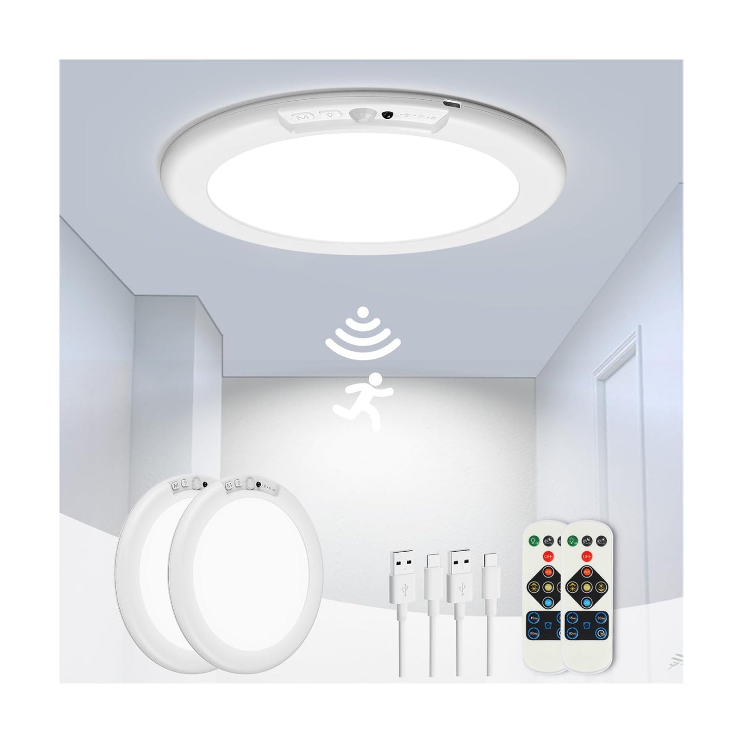 2 Pack Rechargeable Motion Sensor Ceiling Light, Wireless Ceiling Lights Battery Operated Closet Light with Remote