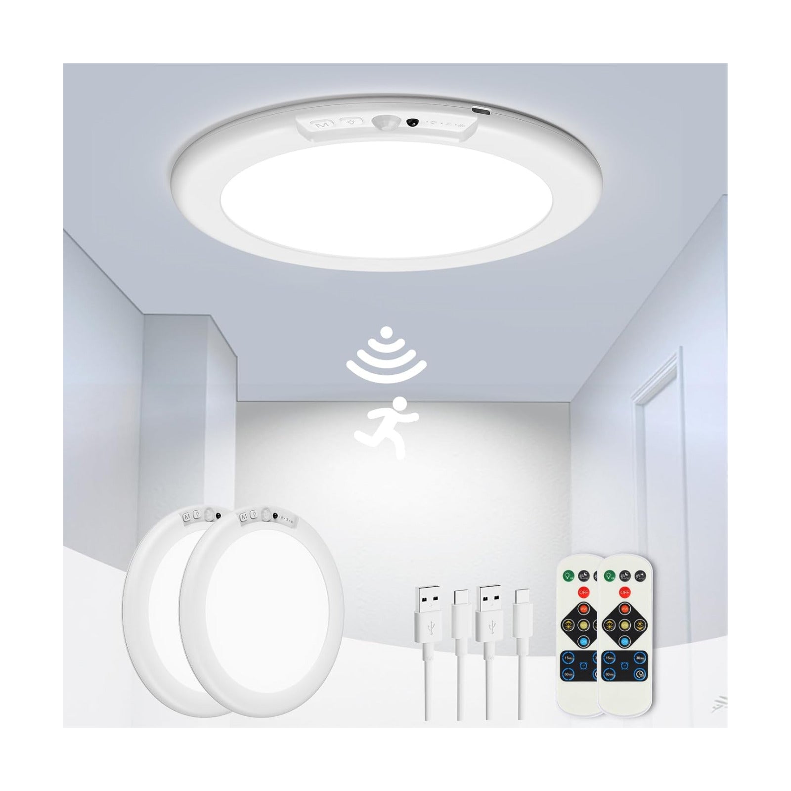 2 Pack Rechargeable Motion Sensor Ceiling Light, Wireless Ceiling Lights Battery Operated Closet Light with Remote