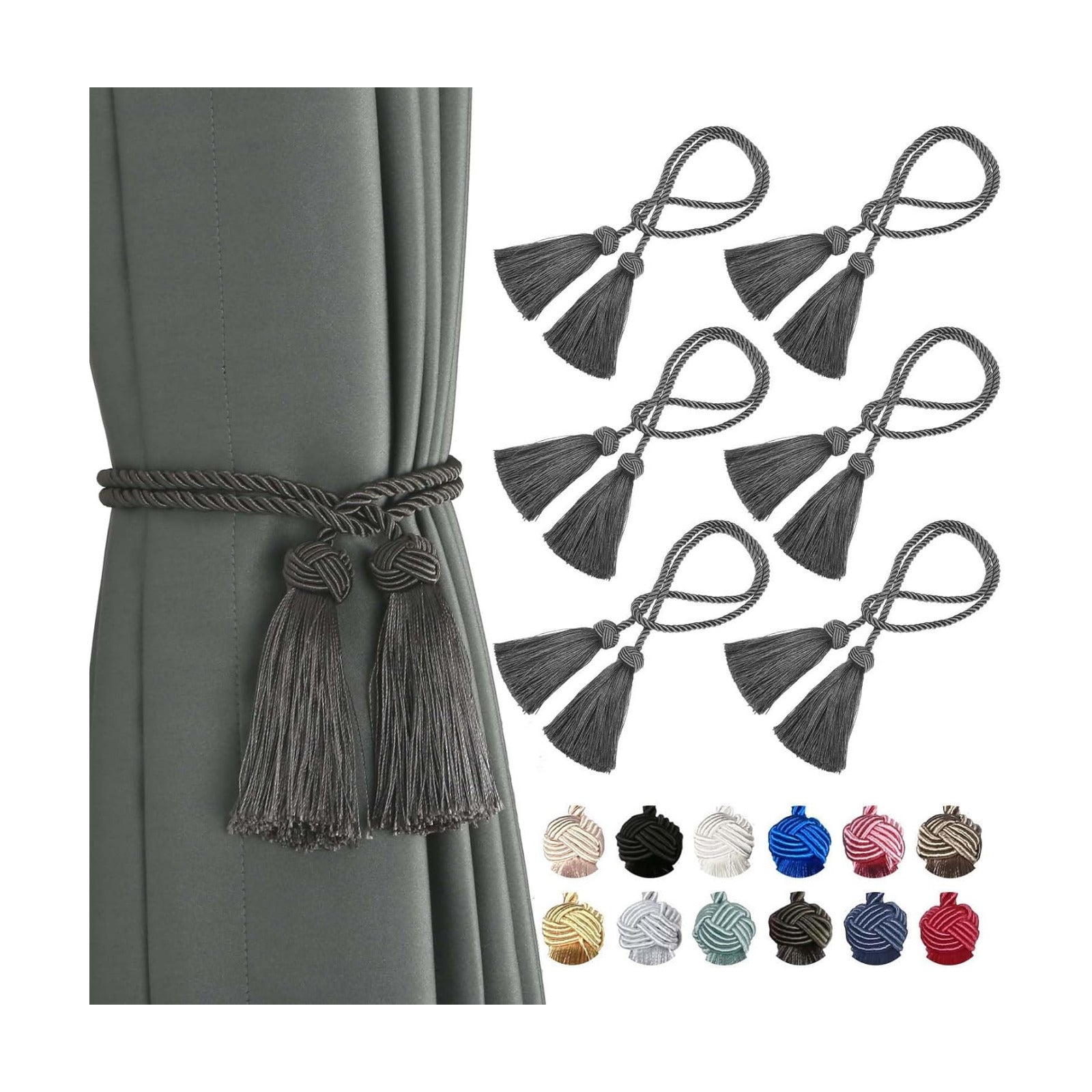 BEL AVENIR 6 Pack Handmade Rope Tassel Curtain Tiebacks | Decorative Curtain Holdbacks with Tassel (Charcoal, 6 Pack)