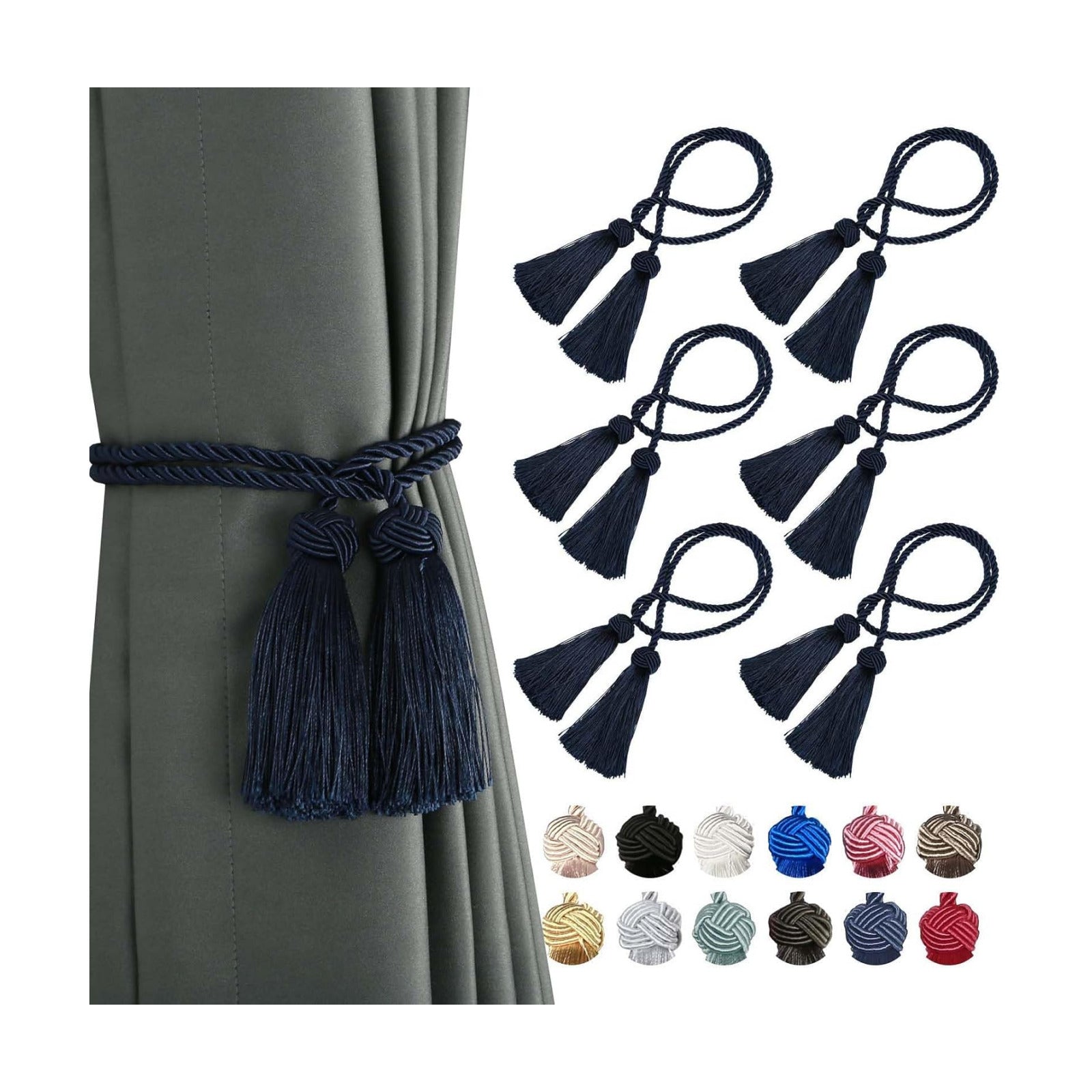 BEL AVENIR 6 Pack Handmade Rope Tassel Curtain Tiebacks | Decorative Curtain Holdbacks with Tassel (Navy, 6 Pack)