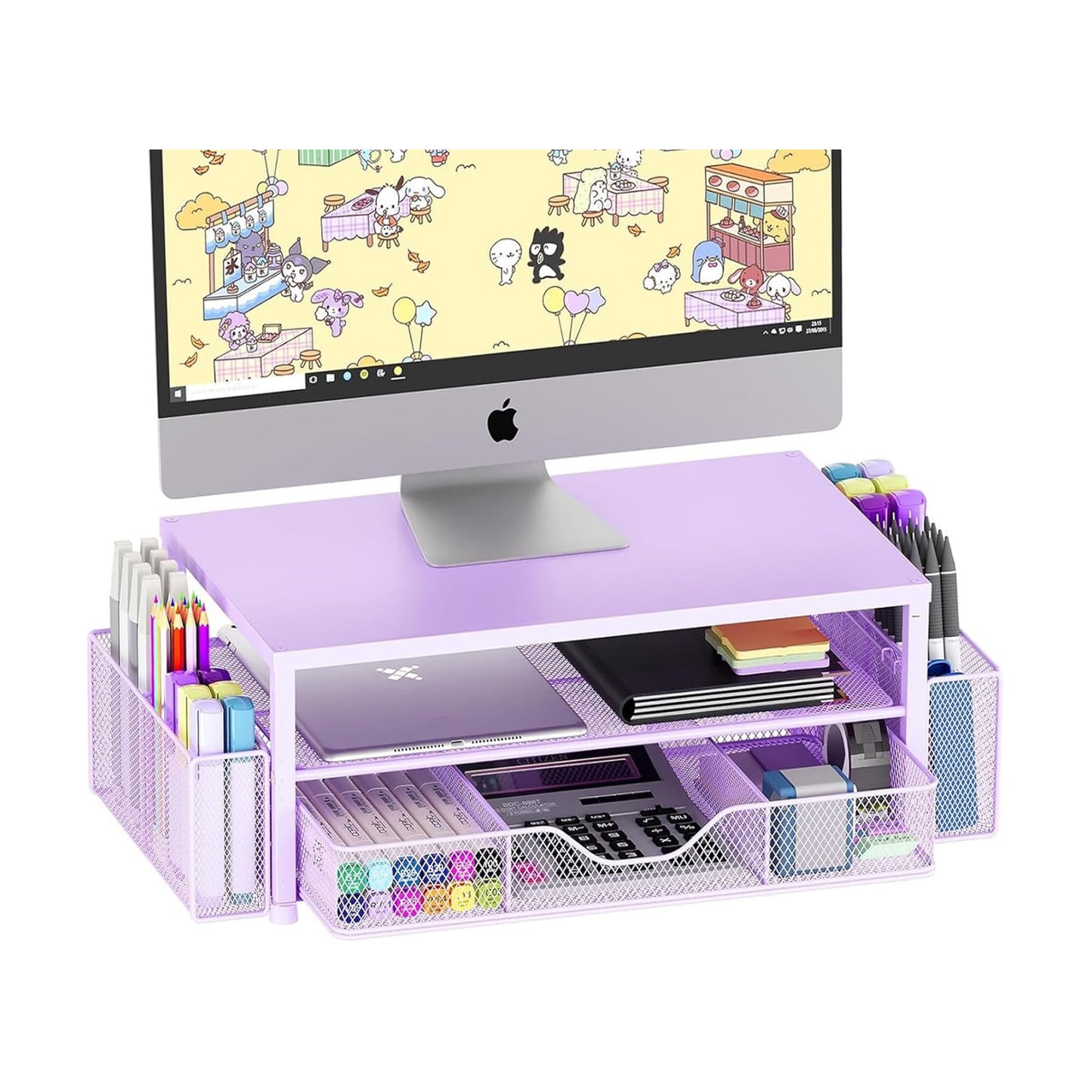 Desk Organizer and Accessories, 2-Tier Computer Monitor Stand Riser with Drawer and 2 Pen Holders, Laptop Stand, Office