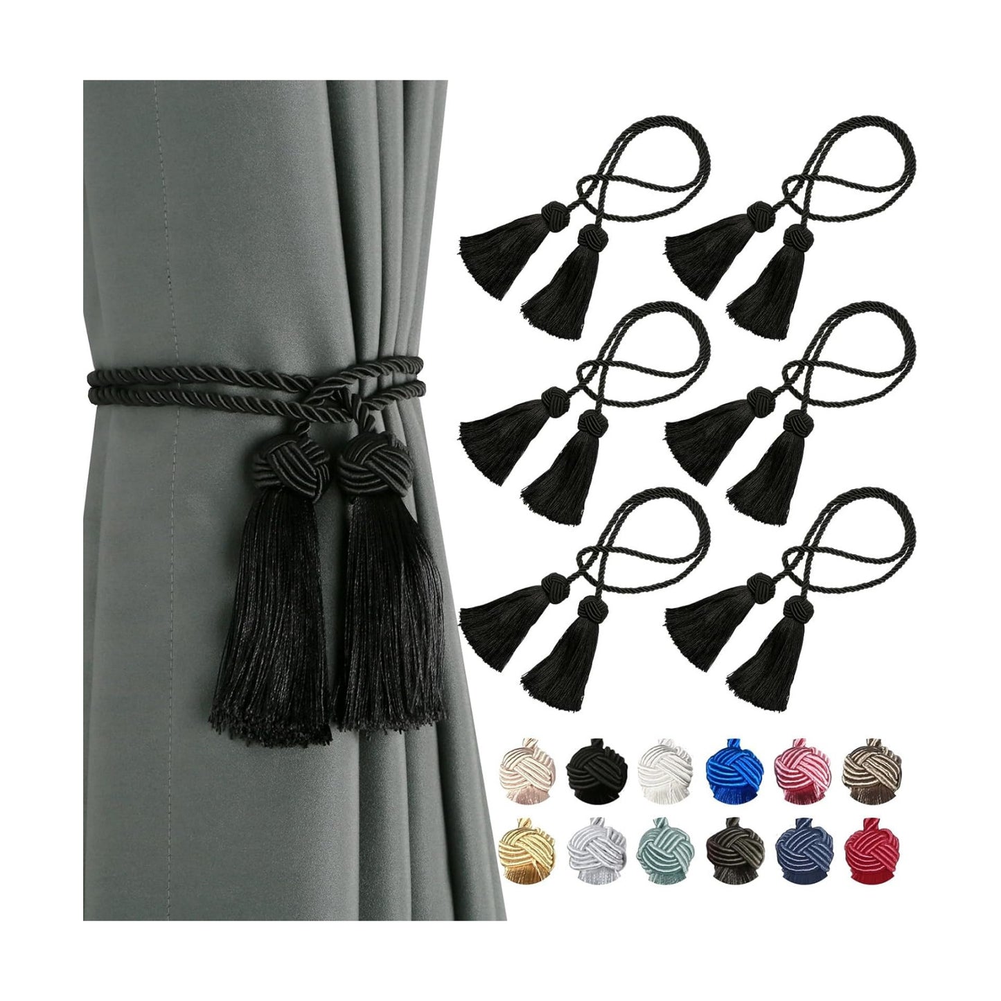 BEL AVENIR 6 Pack Handmade Rope Tassel Curtain Tiebacks | Decorative Curtain Holdbacks with Tassel (Black, 6 Pack)