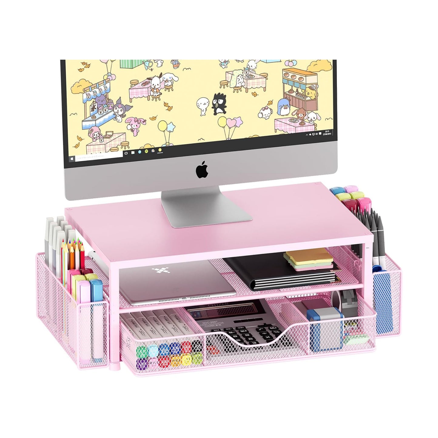 Desk Organizer and Accessories, 2-Tier Computer Monitor Stand Riser with Drawer and 2 Pen Holders, Laptop Stand, Office