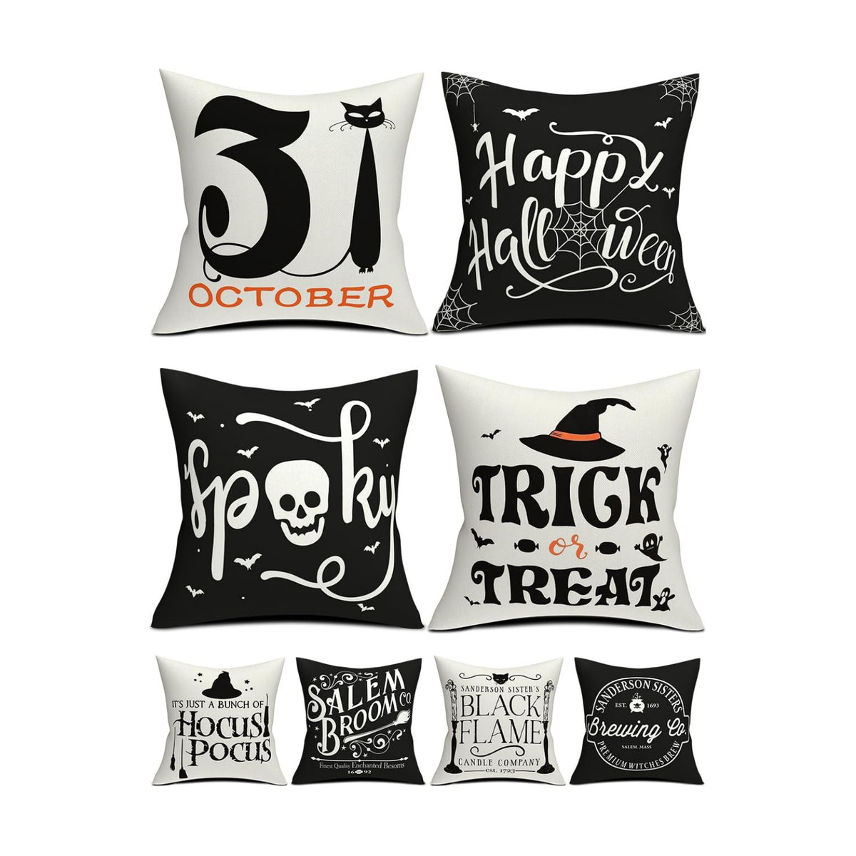 Halloween Decorations Set Of 4 Double-Sided Print Pillow Covers 20" x 20", with 8 Cute Halloween Decor Patterns, Elegant Invisible Zipper, Soft Linen Throw Pillow Covers for Outdoor & Indoor Use