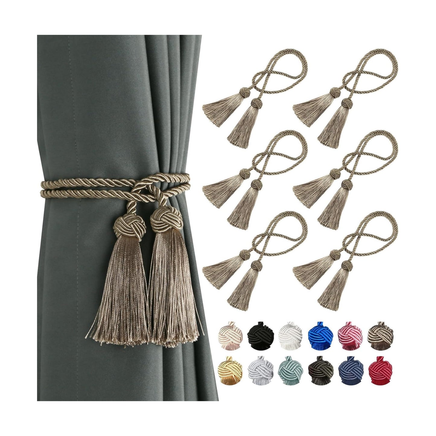 BEL AVENIR 6 Pack Handmade Rope Tassel Curtain Tiebacks | Decorative Curtain Holdbacks with Tassel (Flaxen, 6 Pack)