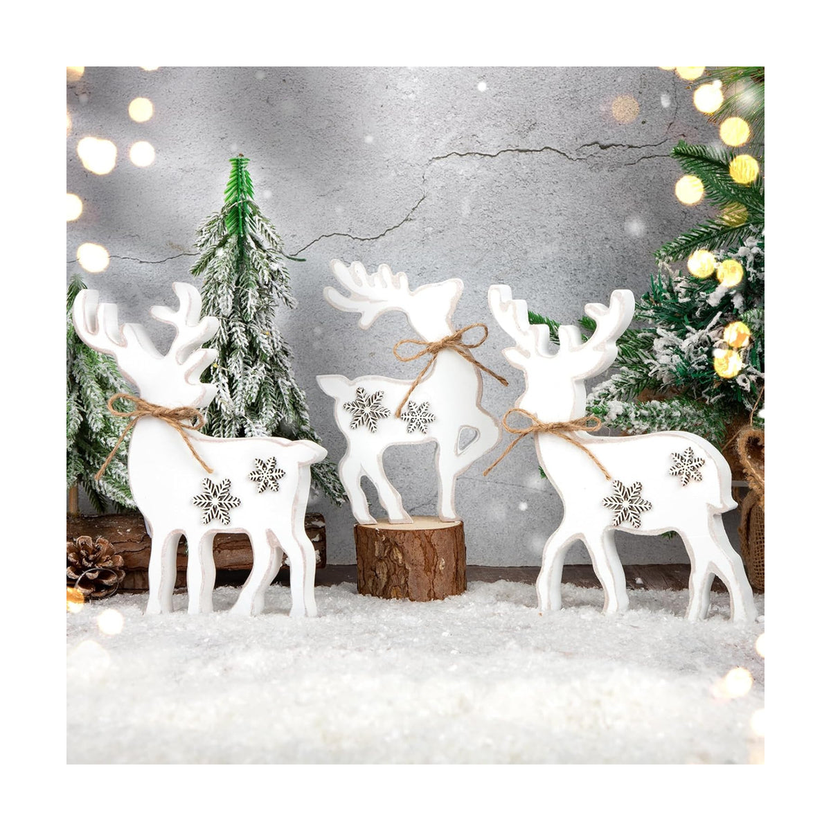 3Pcs Cute Christmas Tiered Tray Decor Indoor, Wooden Farmhouse Reindeer Christmas Tabletop Decorations Xmas Centerpiece, Rustic Reindeer Sign Standing Elk Decor for Home Shelf (White)