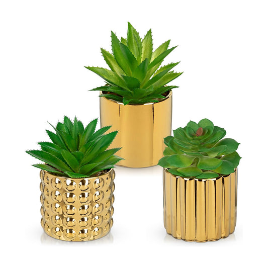 Succulents Plants Artificial in Ceramic Pots / Gold / Set of 3