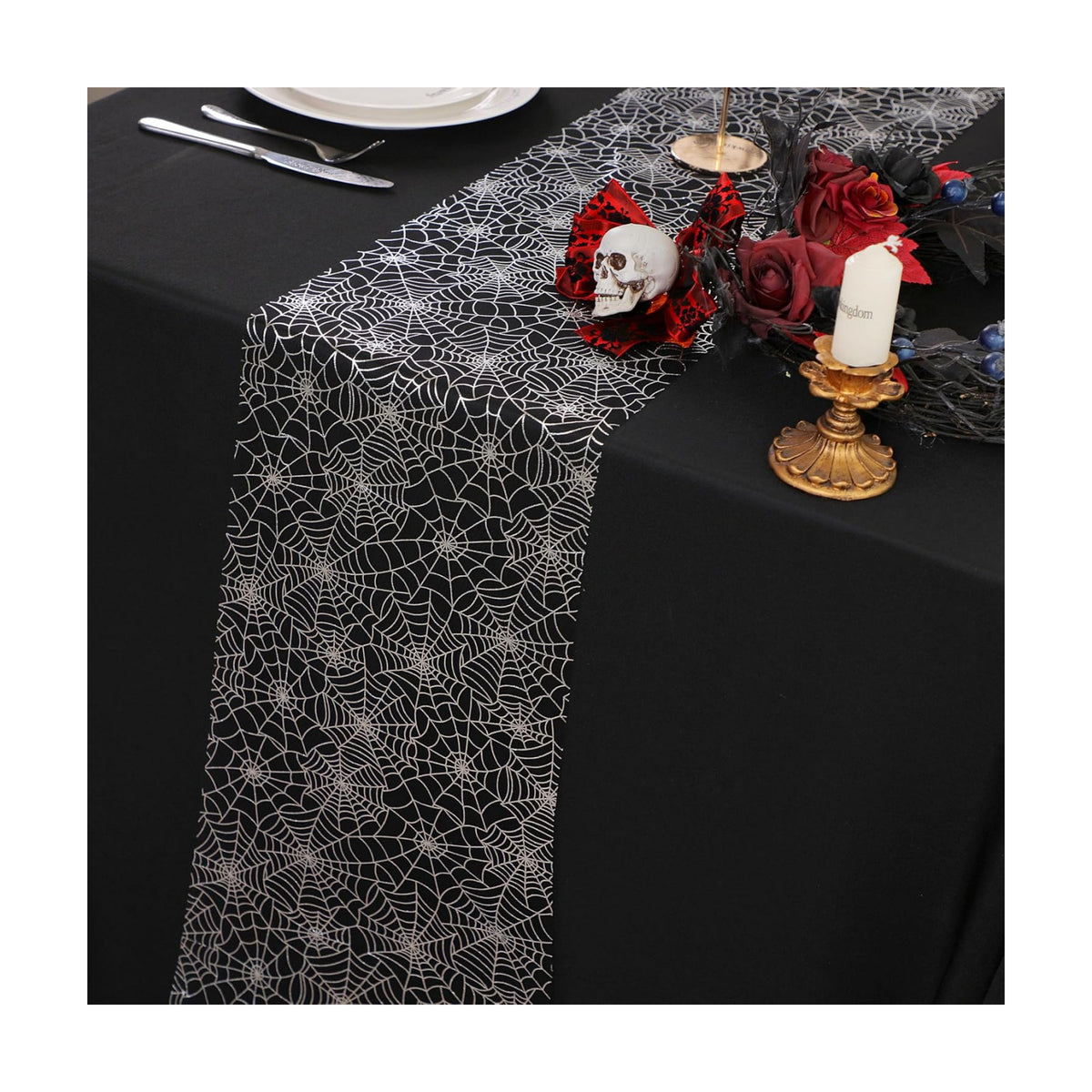 Snowkingdom Halloween Table Runner, Silver Spider Web Metallic Sequin Glitter Sheer Runners Roll 120", Black Table Decorations for Halloween, Wedding, Birthday, Themed Party, Christmas