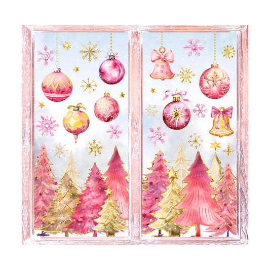 JarThenaAMCS Christmas Window Clings Pink Gold Xmas Tree Ball Snowflake Window Stickers Double-Side Glass Decals for Home Party Supplies, 7.9 x 11.8 Inch, 9 Sheets