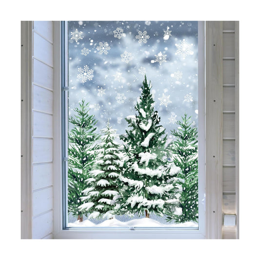 JarThenaAMCS Christmas Window Clings Xmas Tree Snowflake Window Stickers Double-Side Snowy Forest Glass Decals for Winter Home Party, 7.9 x 11.8 Inch, 9 Sheets