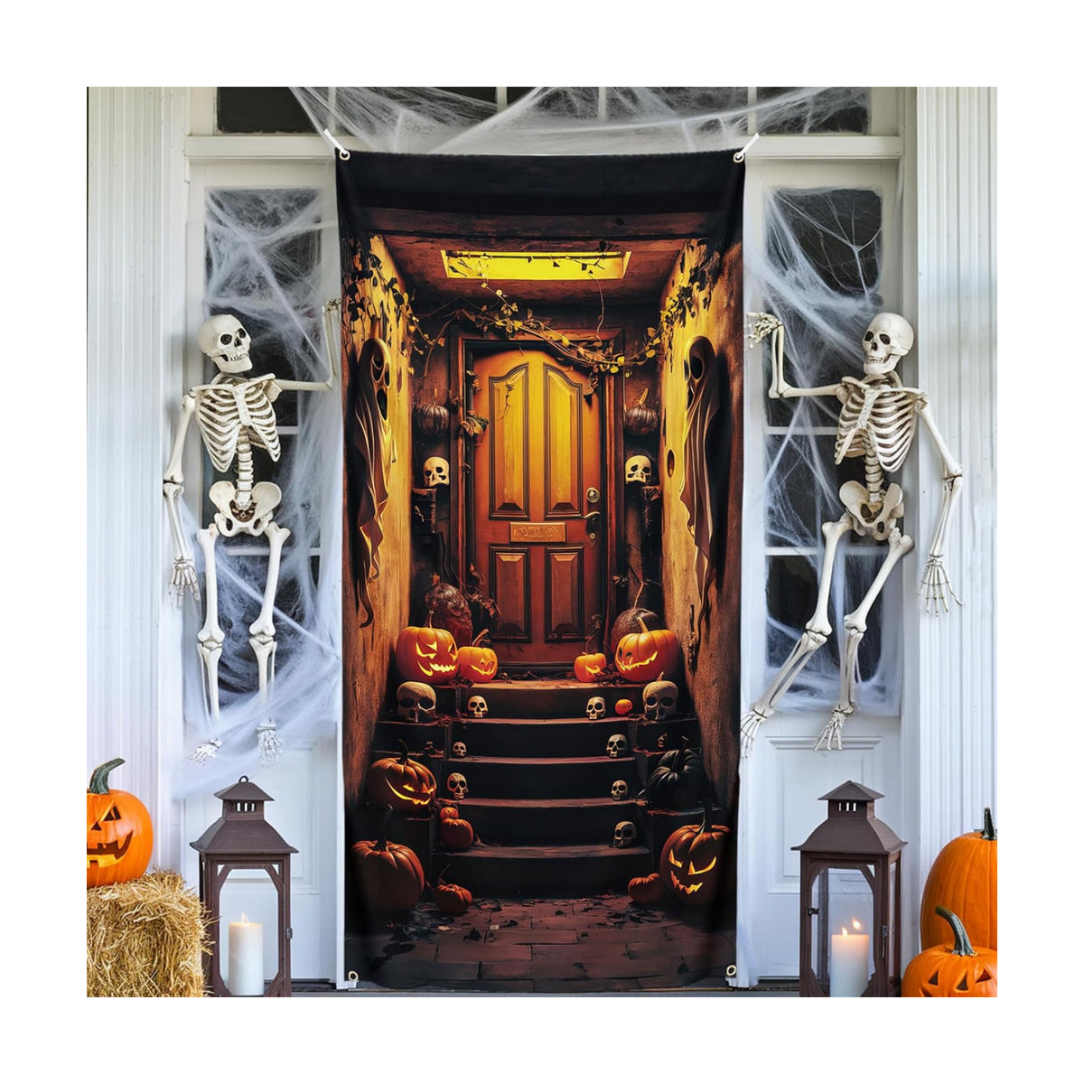 Halloween Decorations, Halloween Door Banner, Basement Stair Door Cover, Spooky Doorway Midnight Backdrop Banner Decorations, Large Fabric Background for Holiday Party 185 x 90 cm