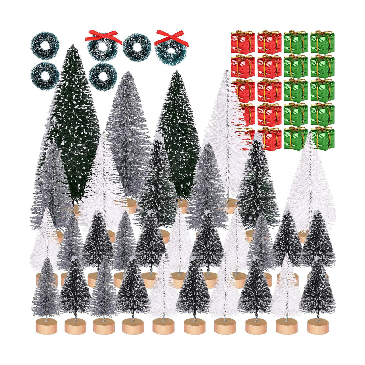 56 Pcs Artificial Mini Christmas Trees Set, Small Bottle Brush Trees