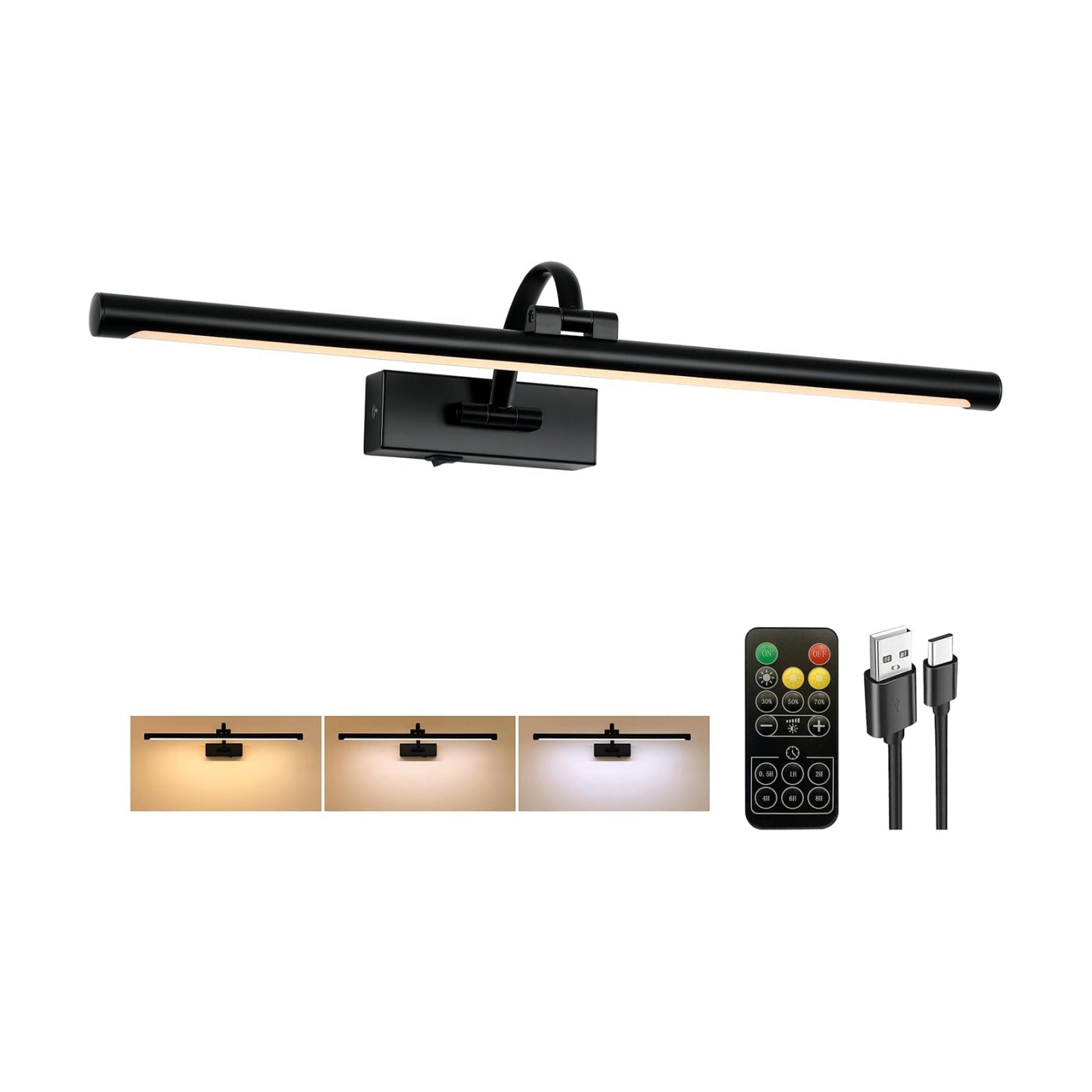 Tassuowell Picture Light Battery Operated with Remote, 3CCT Dimmable Picture Light for Paintings, Black Rechargeable 24