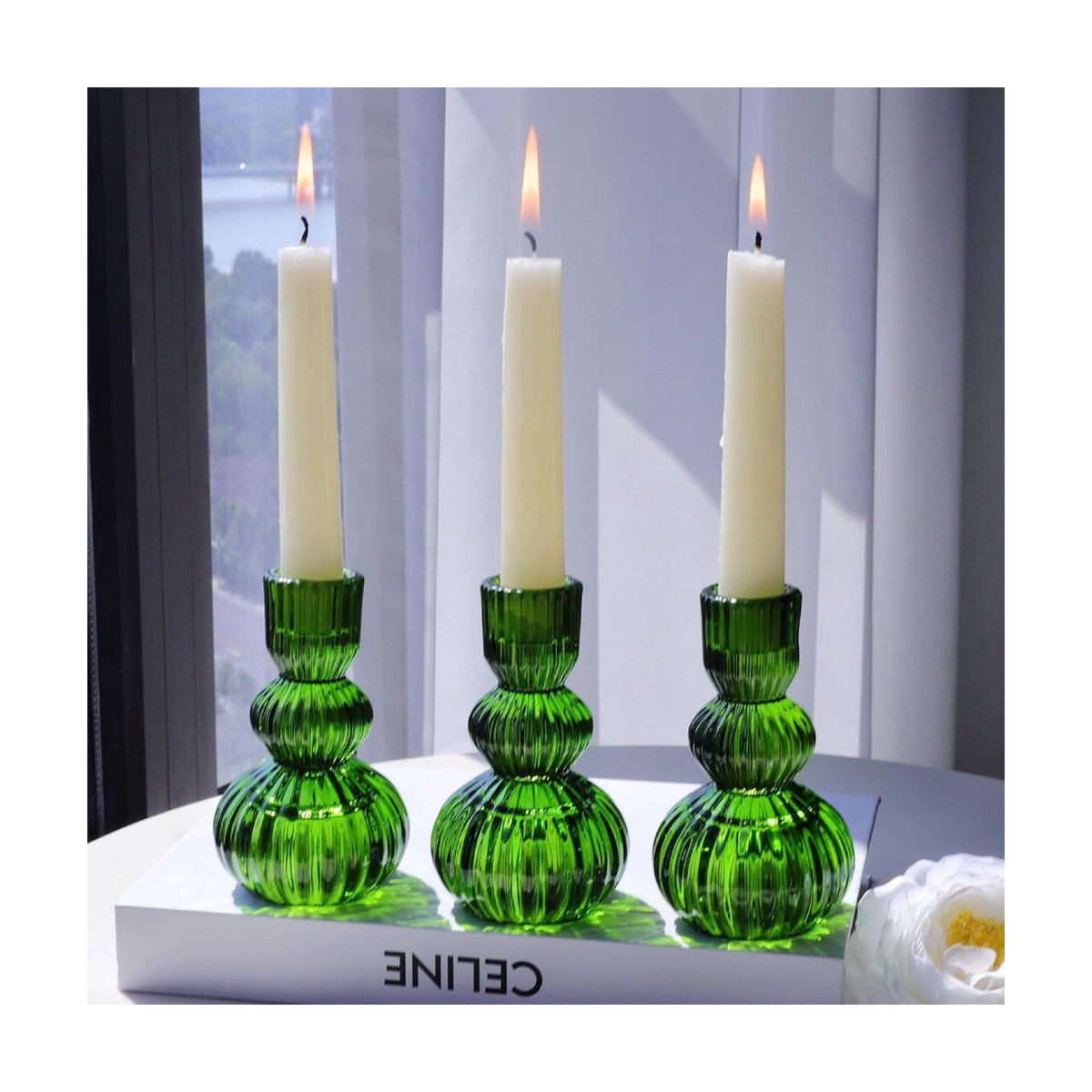 Woho 3pcs Green Taper Candle Holders, Candlestick Holders for Christmas