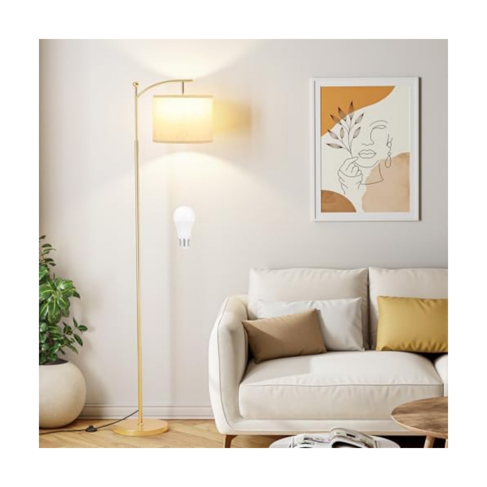 Ambimall 60" Floor Lamp with 3 Color Temperatures, Adjustable Beige Shade, Gold Pole - Tall Lamp for Living Room