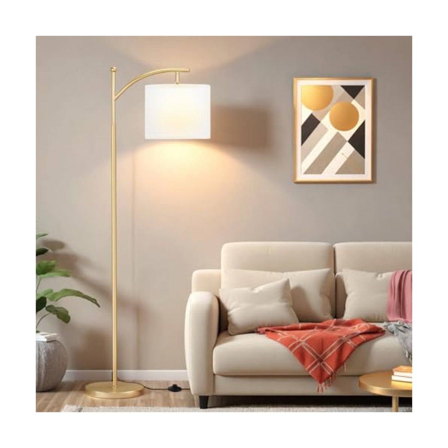 Ambimall 60" Floor Lamp for Living Room with 3 Color Temperatures, Adjustable White Shade with Gold Pole, Tall Lamp for