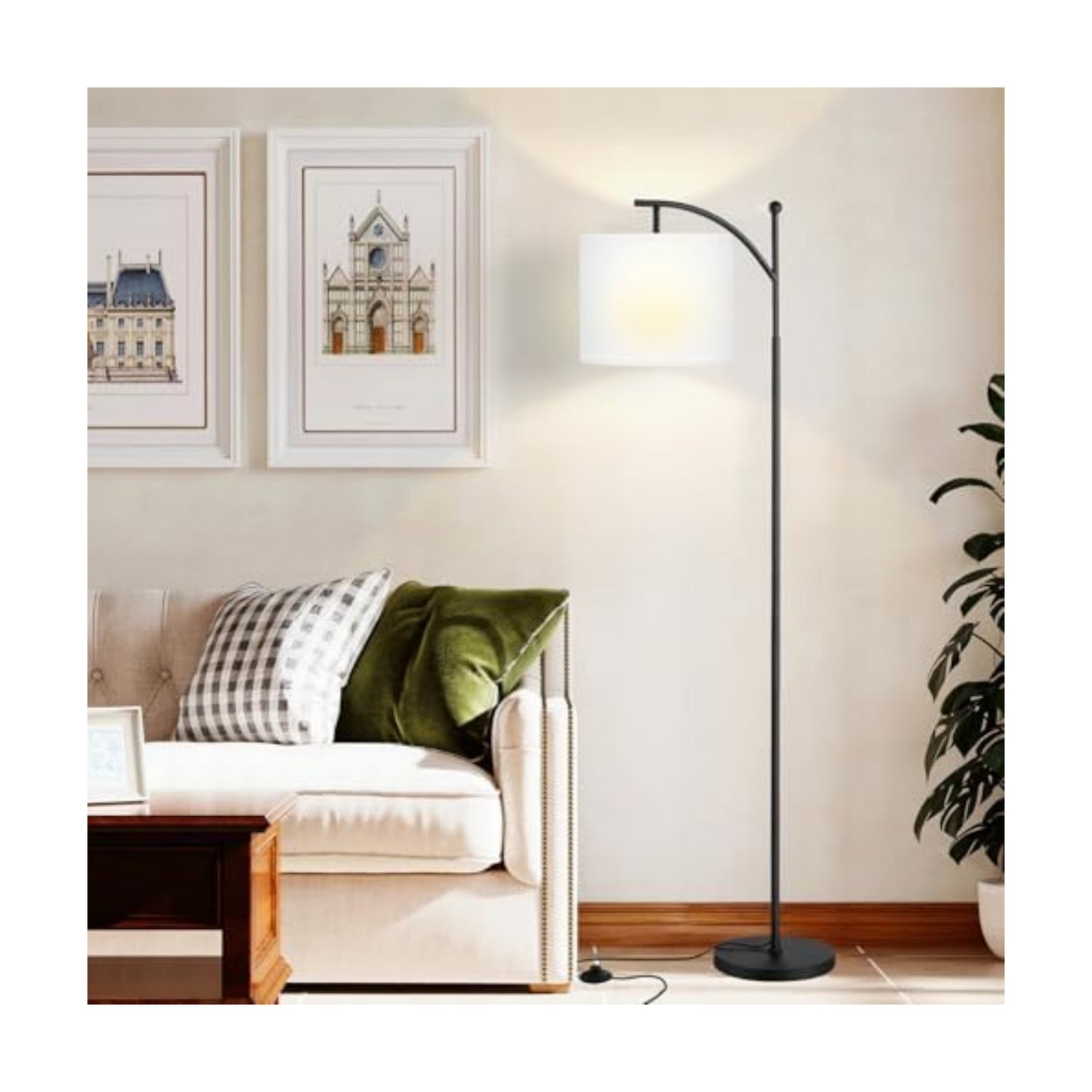 Ambimall 60" Floor Lamp with 3 Color Temperatures, Adjustable White Shade, Black Pole - Tall Lamp for Living Room