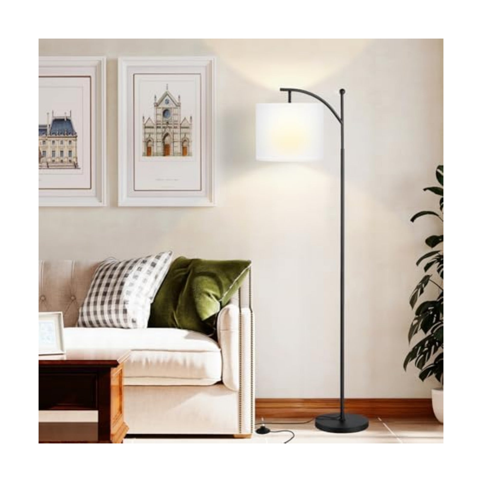 Ambimall 60" Floor Lamp with 3 Color Temperatures, Adjustable White Shade, Black Pole - Tall Lamp for Living Room