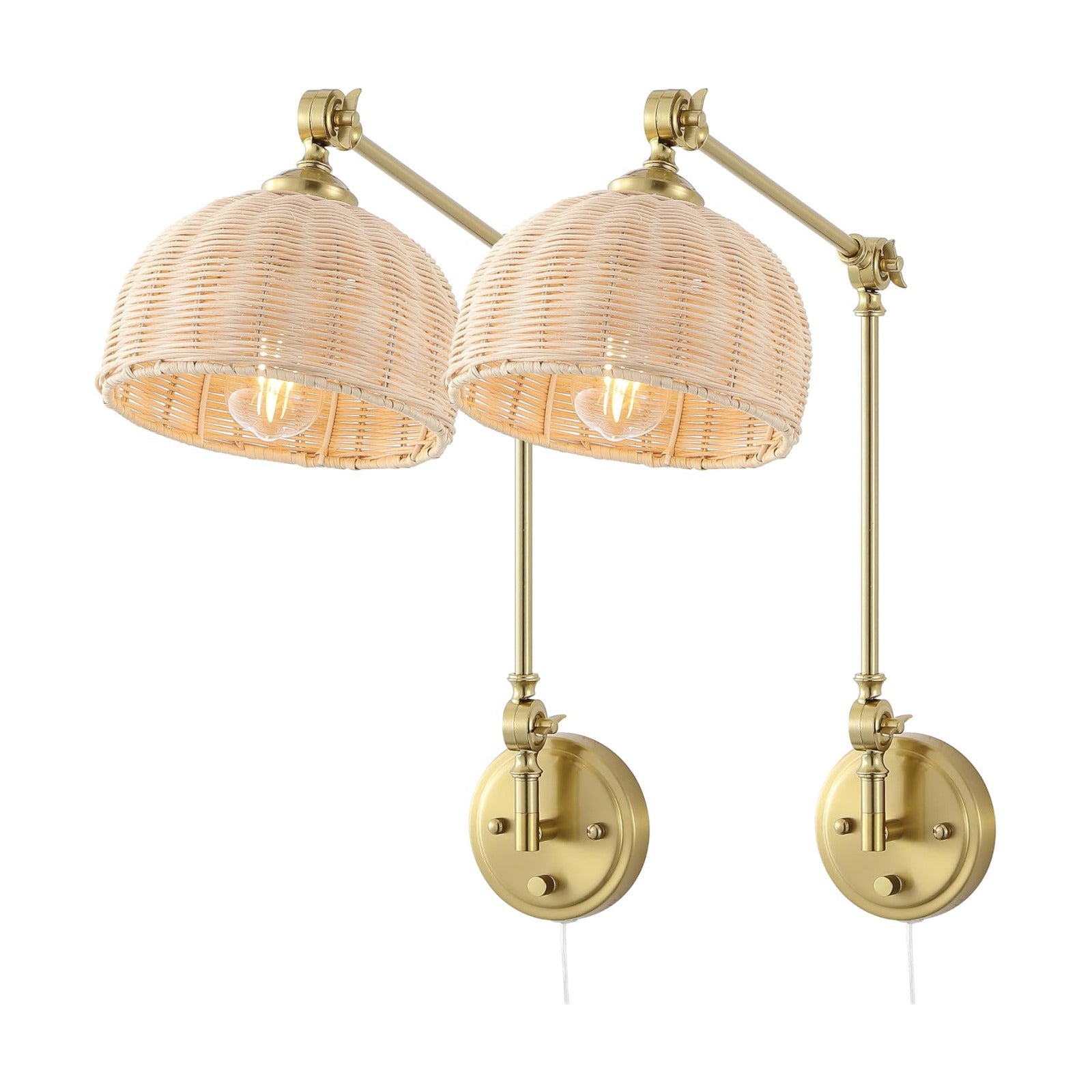 WINGBO Gold Wall Sconce Rattan Wrapped Wall Lamp Set of 2, Adjustable Swing Arm Wall Light Fixture Vintage Bedside