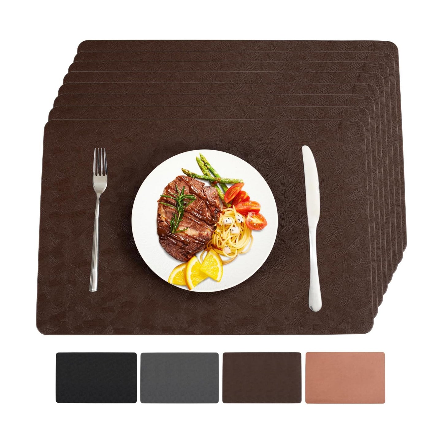 Brown Vinyl Placemats Set of 8 Waterproof Wipeable Table Mats | Heat Resistant Easy Clean Place Mats Faux Leather Table