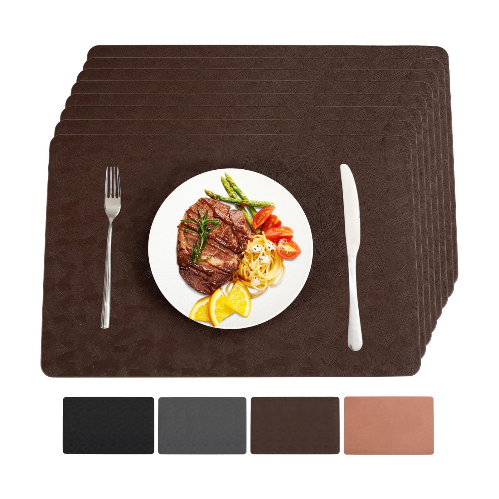 Brown Vinyl Placemats Set of 8 Waterproof Wipeable Table Mats | Heat Resistant Easy Clean Place Mats Faux Leather Table