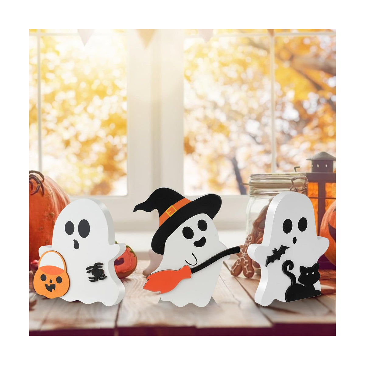 3 Pcs Halloween Decorations Indoor, Cute Ghost Halloween Tabletop Decor, Wooden Tiered Tray Decor, Black Cat, Bat, Witch Broom Signs for Party Home Shelf Display