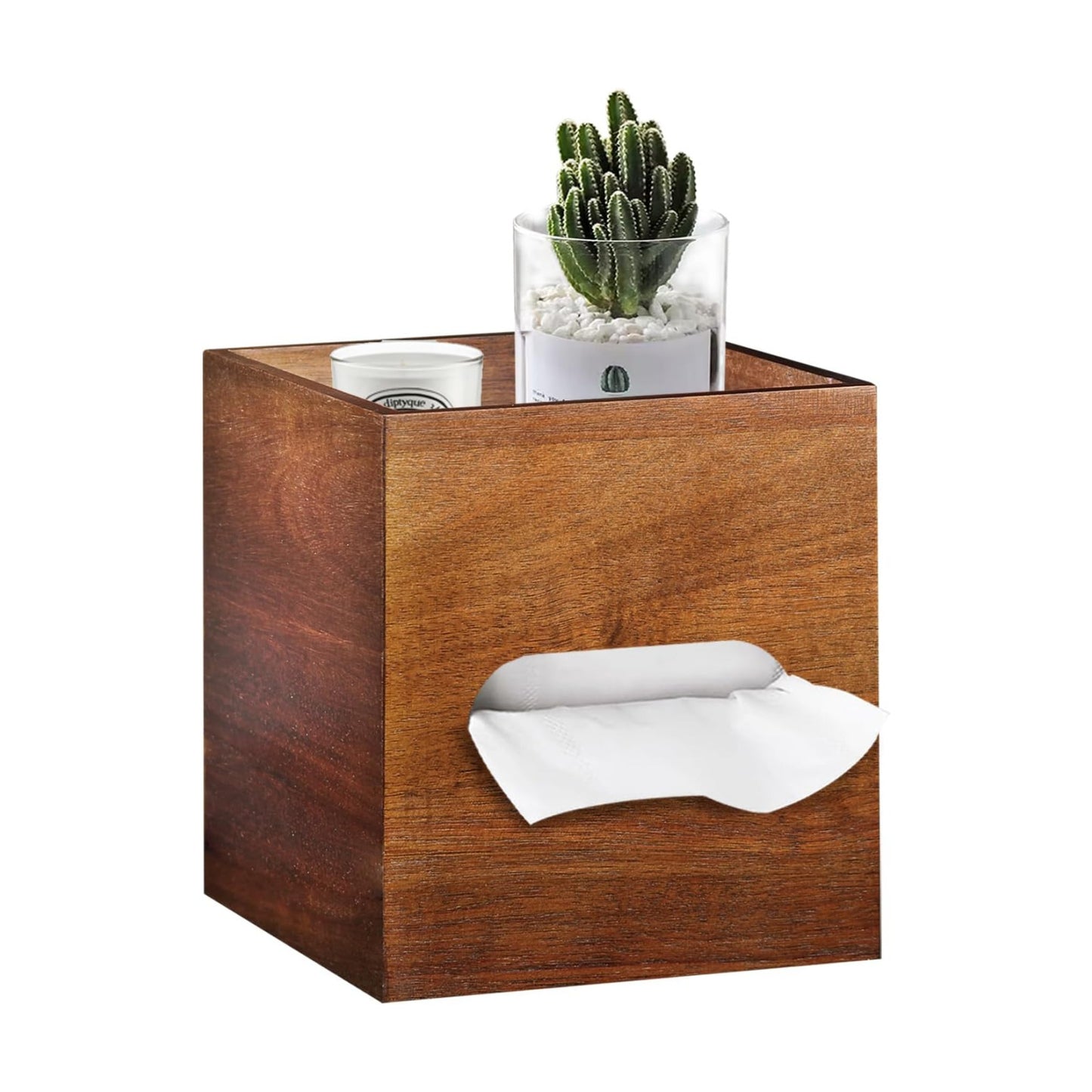 Acacia Wood Tissue Box Holder for Desktop Nightstand Bathroom / Brown