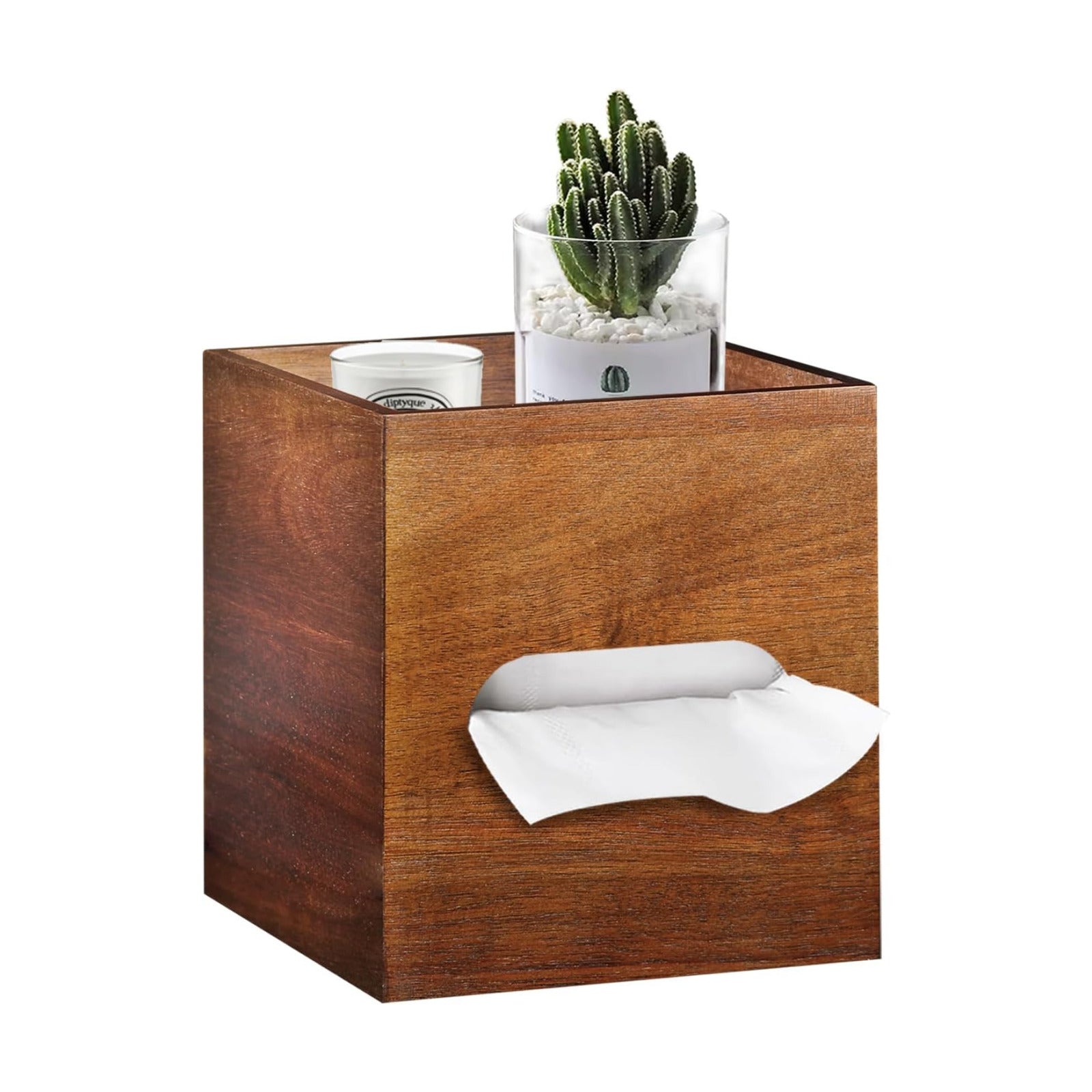 Acacia Wood Tissue Box Holder for Desktop Nightstand Bathroom / Brown