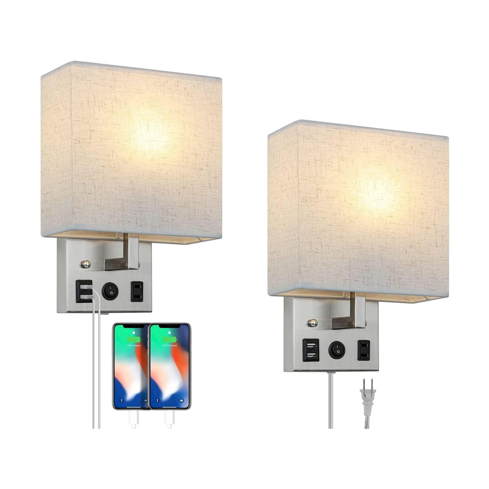 YBING Bedside Wall Lamp Plug in Cord Set of 2, Plug in Wall Sconce Nightstand Wall Lights with Dual USB Ports and AC
