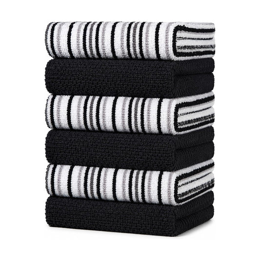 Bumble Kitchen Towels 6 Pack 100% Cotton 16"x26" - Black | 430 GSM Soft Kitchen Hand Towels with Hanging Loop, Highly