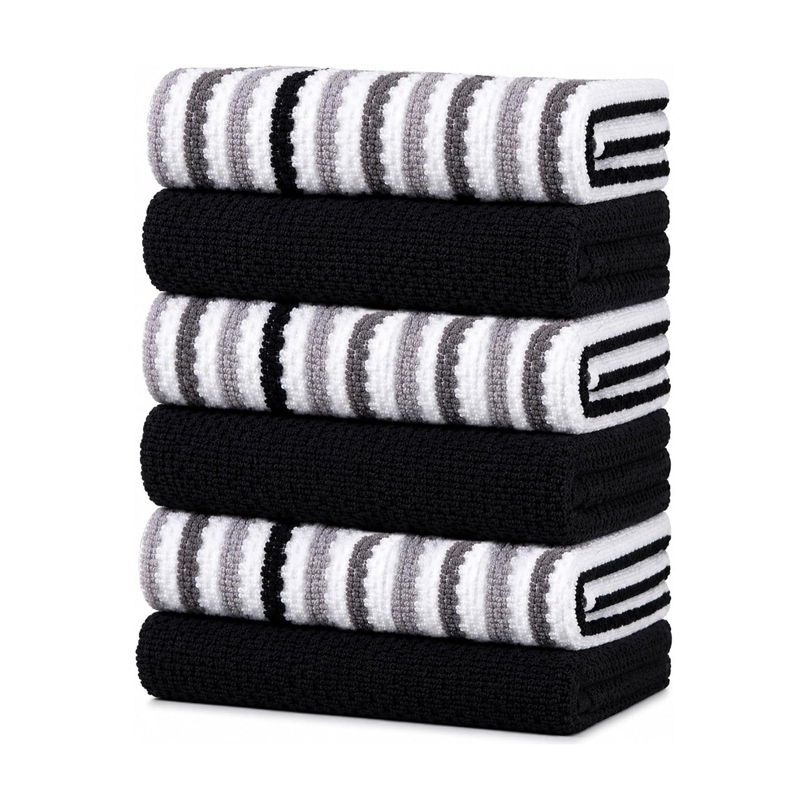 Bumble Kitchen Towels 6 Pack 100% Cotton 16"x26" - Black Wide Stripe | 430 GSM Soft Kitchen Hand Towels with Hanging