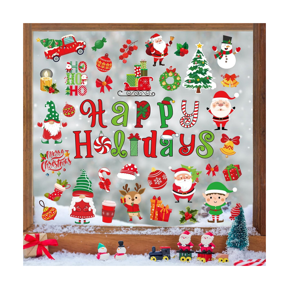 Whaline 9 Sheets Christmas Window Cling Stickers Xmas Santa Reindeer Cartoon Reusable Window Decals for Holiday Party Home Office Classroom Decoration